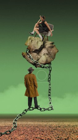 Photo for Woman seated atop rock chained to the ground, man below looking up. Contemporary art collage. Codependent relationships. Domination. Concept of surrealism, creative vision, psychology. Poster - Royalty Free Image