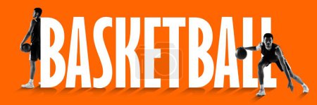 Photo for Young man, basketball player with ball on orange background with giant basketball word. Concept of sport, active and heathy lifestyle, training, fitness. Poster, banner, ad - Royalty Free Image
