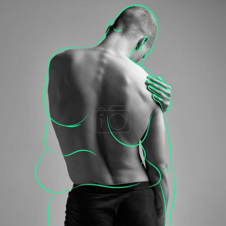 Photo for Mans muscular back with neon green outline. Black and white image. Weight loss and healthy nutrition. Concept of body and health care, wellness, body-positivity, diet and sport - Royalty Free Image