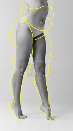 Photo for Drawings of overweight lines around body. Weight loss. Cropped image of slender female legs, slim body in underwear. Concept of body and health care, wellness, body-positivity, diet and sport - Royalty Free Image
