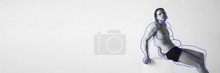 Photo for Weight loss journey. Young man with muscular, athletic overlined body in underwear. Black and white. Concept of body and health care, wellness, body-positivity, diet and sport. Banner for ad - Royalty Free Image