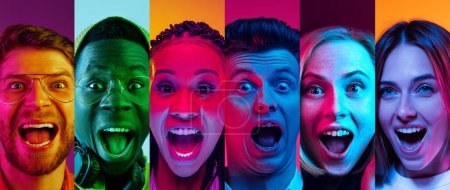 Foto de Sorprendido y excitado. Collage. Retrato de hombres y mujeres jóvenes emocionales sobre fondo multicolor en luz de neón. Concepto de emociones humanas, diversidad, juventud, felicidad - Imagen libre de derechos