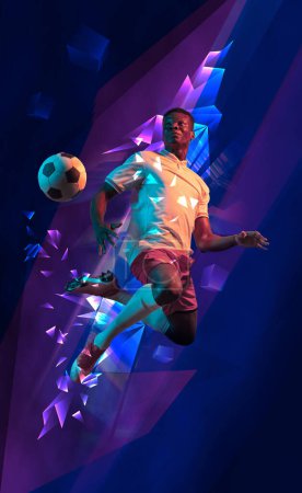 Photo for Dynamic image of young African man, football player in motion during game match, hitting ball against dark background with polygonal and fluid neon elements. Concept of sport, competition, tournament - Royalty Free Image