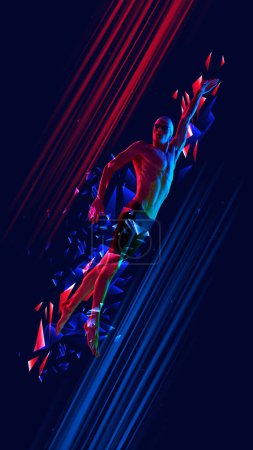 Photo for Muscular young man, swimmer in motion training against gradient blue background with polygonal and fluid neon elements. Concept of sport, competition, tournament. Poster, ad - Royalty Free Image