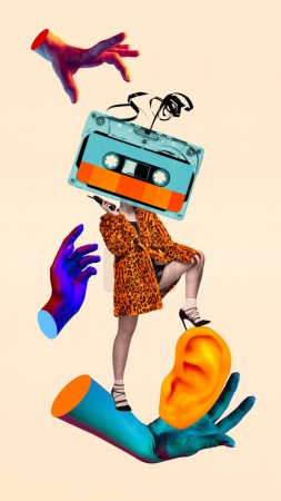 Photo for Person with cassette tape head, colored hands gesture, music nostalgia, vibrant surrealism. Contemporary art collage. Retro and vintage, creativity, surrealism. Poster, ad. Youth culture - Royalty Free Image