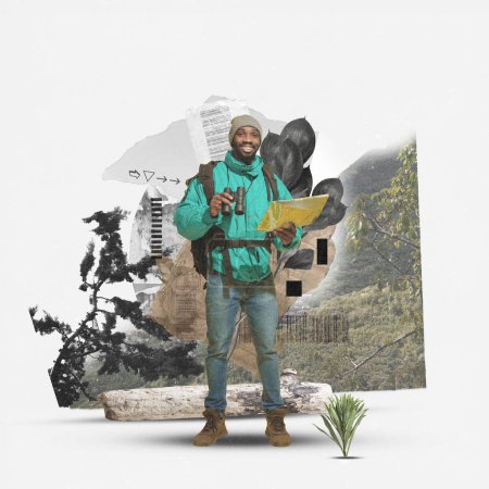 Photo for Young man with backpacks and map going hiking against floral abstract background. Solo exploration and adventure. Contemporary art. Concept of tourism, active lifestyle, travelling, vacation, hobby - Royalty Free Image