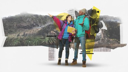 Photo for Arguing about destination. Young man and woman with backpacks and maps standing on mountain background. Contemporary art collage. Concept of tourism, active lifestyle, travelling, vacation, hobby - Royalty Free Image