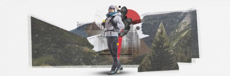 Photo for Young woman in warm winter jacket and glasses, standing on mountain with backpack, going hiking against nature background. Contemporary art. Concept of tourism, active lifestyle, travelling, vacation - Royalty Free Image
