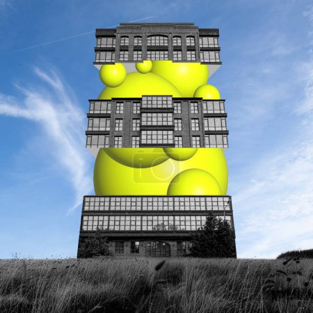 Photo for Avant-garde building concept presentations. Monochrome image of building with abstract yellow 3d elements. Contemporary art. Concept of architecture, urban theme, surrealism, creativity, inspiration - Royalty Free Image