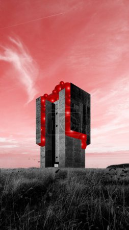 Téléchargez les photos : Bâtiment monochrome abstrait avec des éléments sphériques rouges sur fond de ciel rouge et champ noir et blanc. Collage d'art contemporain. Concept d'architecture, thème urbain, surréalisme, créativité - en image libre de droit