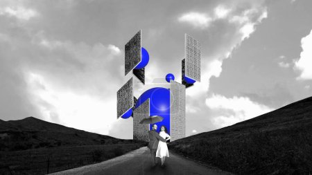 Photo for Young man holding woman and walking with her into abstract monochrome building with blue elements. Contemporary art collage. Concept of architecture, urban theme, surrealism, creativity, inspiration - Royalty Free Image