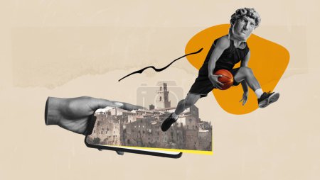 Téléchargez les photos : Athlète masculin musclé avec buste statue antique, joueur de basket-ball en mouvement sur écran de téléphone avec bâtiment rétro. L'art contemporain. Concept de sport, surréalisme, créativité, art abstrait, style rétro - en image libre de droit