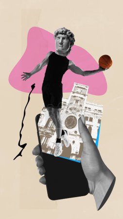 Photo for Muscular basketball player with antique statue bust in motion over phone screen with retro building. Contemporary art collage. Concept of sport, surrealism, creativity, abstract art, retro style - Royalty Free Image