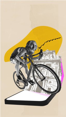 Foto de Atleta musculoso con busto estatua antigua en movimiento, montar en bicicleta sobre la pantalla del teléfono con edificio retro. collage de arte contemporáneo. Concepto de deporte, surrealismo, creatividad, arte abstracto, estilo retro - Imagen libre de derechos