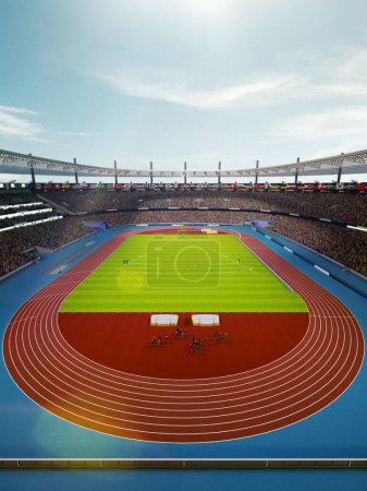 Foto de Representación 3D de estadio soleado lleno de espectadores, mostrando una pista de atletismo y campo de deportes. Día de juego al aire libre. Vista aérea. Concepto de deporte, competición, partido en vivo, torneo - Imagen libre de derechos