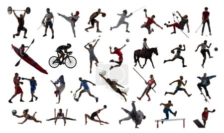Foto de Collage hecho de hombres y mujeres, atletas en entrenamiento de movimiento, deportistas de varios tipos de deportes en movimiento aislados sobre fondo blanco. Deporte profesional, competición, campeonato, concepto de juego - Imagen libre de derechos