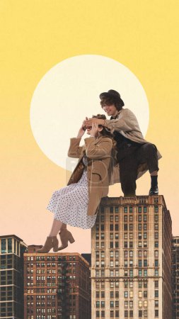 Photo for Happy young man cowering girls eyes, sitting on top of skyscraper, romantic day during sunset. Contemporary art collage. Concept of architecture, retro and vintage, relationship, surprise, romance - Royalty Free Image