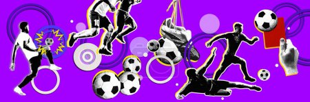 Téléchargez les photos : Joueurs de football masculins en mouvement, jouant sur fond violet avec des éléments de sport de football. Collage d'art contemporain. Concept de sport, mode de vie actif et sain, compétition. Bannière. - en image libre de droit