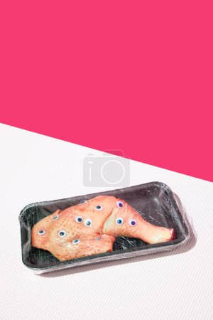Pollo con ojos de gallina, envuelto en envases de plástico gigante de color rosa blanco de fondo. Surrealismo. Presentación creativa y humorística de la comida. Concepto de comida pop arte fotografía, creatividad, estilo peculiar