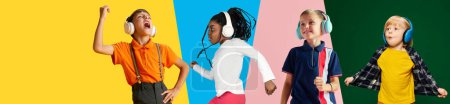 Collage made of different children, boys and girl listening to music in headphones, dancing, jumping against multicolored background. Concept of childhood, kids emotions, lifestyle, friendship