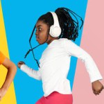 Collage made of different children, boys and girl listening to music in headphones, dancing, jumping against multicolored background. Concept of childhood, kids emotions, lifestyle, friendship
