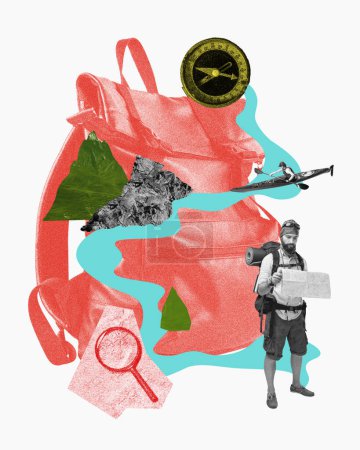 Photo for Contemporary art collage. Hiker standing with with map and compass, woman on rowing on kayak against abstract nature elements. Active hobby. Concept of vacation, travelling, leisure time, holiday - Royalty Free Image