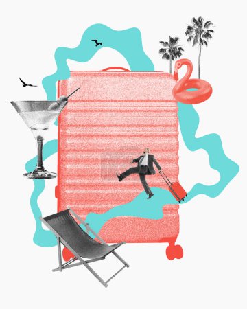Téléchargez les photos : Homme d'affaires en vacances avec valise, chaise, cocktail et cercle de natation flamant rose en arrière-plan. Collage d'art contemporain. Concept de vacances, voyage, temps libre, vacances - en image libre de droit