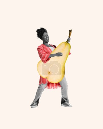 Photo for Emotional yo9ugn woman playing pear instead of guitar isolated on white background. Contemporary art collage. Organic food market ads. Concept of healthy lifestyle, organic food, nutrition, dieting - Royalty Free Image