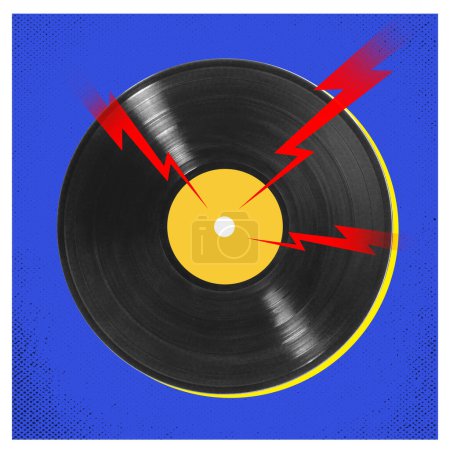Photo for Black vinyl record with lighting elements isolated against blue background. Contemporary art collage. Retro style. Concept of music, performance, inspiration, creativity, festival, event. Poster, ad - Royalty Free Image