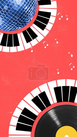 Photo for Creative poster for music event. Two vinyl records with disco ball and piano keys elements on red background. Contemporary art collage. Concept of music, performance, creativity, festival, event - Royalty Free Image