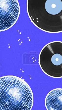 Photo for Vinyl records and disco balls on blue background, Nightclub party event with retro music. Contemporary art collage. Concept of music, performance, inspiration, creativity, festival, event. Poster, ad - Royalty Free Image
