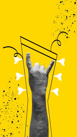 Male hand gesturing rock and roll symbol against yellow background. Contemporary art collage. Rock concert. Concept of music, performance, inspiration, creativity, festival, event. Poster, ad