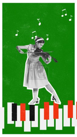Photo for Monochrome image of young girl playing violin on piano keys on green background. Contemporary art collage. Concept of music, performance, inspiration, creativity, festival, event. Poster, ad - Royalty Free Image