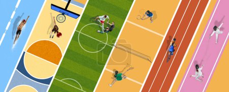 Photo for Creative colorful collage. Aerial view of different people of various sports in motion, training on various sports backgrounds, stadiums. Concept of sport, creativity, competition, tournament. - Royalty Free Image