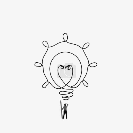 Photo for Businessman standing near giant lightbulb symbolizing innovative approach of company development, creating ideas and professional growth. Creative collage. Single line drawing. Concept of business - Royalty Free Image