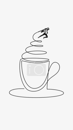 Téléchargez les photos : Homme d'affaires faisant tourbillonner sur la tasse de café symbolisant le flux dynamique d'énergie et d'idées au travail. Créativité et productivité. Design créatif. Dessin à ligne unique. Concept d'entreprise, carrière, détente - en image libre de droit