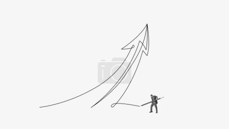 Foto de Hombre dibujando una flecha gigante que va hacia arriba simbolizando el éxito, el crecimiento progresivo, la estrategia y los logros. Diseño creativo. Dibujo de una sola línea. Concepto de negocio, ambiciones, promoción - Imagen libre de derechos