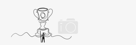 Photo for Businessman standing near giant trophy symbolizing promotion, personal and professional growth and success. Creative design. Single line drawing. Concept of business, achievement, reward - Royalty Free Image