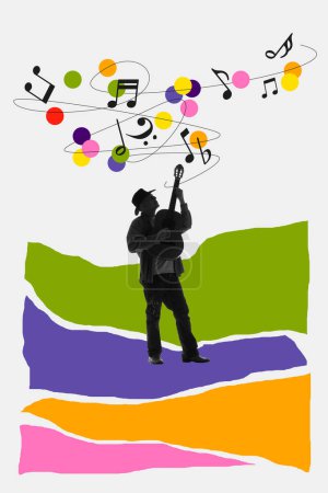 Photo for Silhouette of senior man, musician playing guitar on white background with abstract colorful elements. Contemporary art collage. Concept of music festival, creativity, inspiration, art, event. Poster - Royalty Free Image