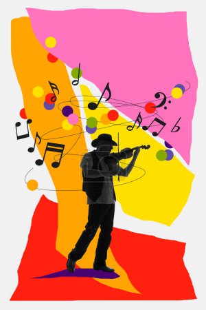 Téléchargez les photos : Homme de talent, musicien jouant du violon sur fond blanc avec des éléments colorés abstraits. Collage d'art contemporain. Concept de festival de musique, créativité, inspiration, art, événement. Affiche - en image libre de droit