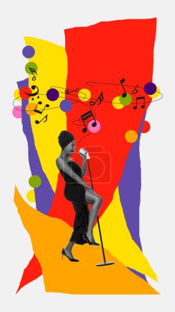 Foto de Mujer joven y elegante, músico cantando sobre fondo blanco con elementos coloridos abstractos. collage de arte contemporáneo. Concierto de jazz. Concepto de festival de música, creatividad, inspiración, arte, evento - Imagen libre de derechos