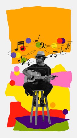Téléchargez les photos : Homme élégant assis sur une chaise et jouant de la guitare sur fond blanc avec des éléments colorés abstraits. Collage d'art contemporain. Concept de festival de musique, créativité, inspiration, art, événement. Affiche - en image libre de droit