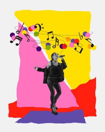 Téléchargez les photos : Image monochrome de jeune femme chantant sur fond blanc avec des éléments colorés abstraits. Collage d'art contemporain. Concept de festival de musique, créativité, inspiration, art, événement. Affiche - en image libre de droit