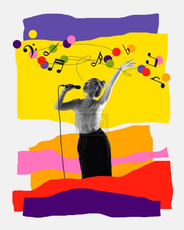 Photo for Monochrome image of talented, artistic young woman singing, performing on white background with abstract colorful elements. Contemporary artwork. Concept of music festival, creativity, event. Poster - Royalty Free Image