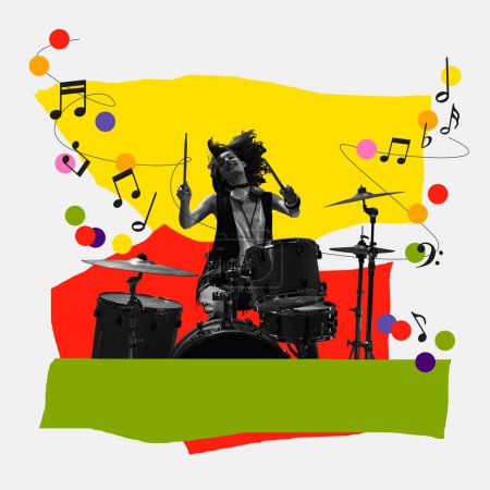 Photo for Black and white image of artistic young woman playing drums on white background with abstract colorful elements. Contemporary art. Concept of music festival, creativity, inspiration, event. Poster - Royalty Free Image