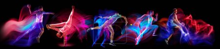 Téléchargez les photos : Images dynamiques d'athlètes de différents sports en mouvement, s'entraînant sur fond noir au néon avec lumières mixtes. Concept de sport, compétition, tournoi, action, dynamique. Bannière - en image libre de droit