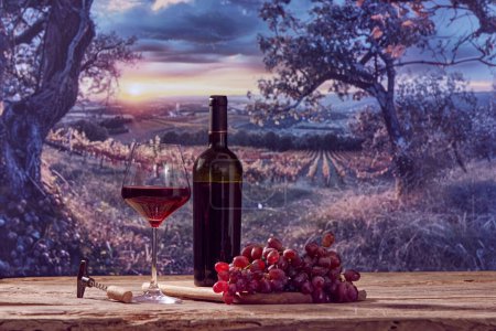 Téléchargez les photos : Industrie vinicole. Bouteille et verre de vin rouge avec des raisins couchés sur une table en bois avec une vue imprenable sur le vignoble. Concept de vinification, boisson bio, nature, traditions - en image libre de droit