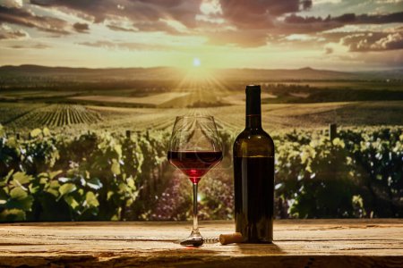 Photo for Red wine bottle and glass on wooden table. Rows of grapevines in vineyard on background. Essence of winemaking. Concept of winemaking, organic beverage, nature landscape, traditions - Royalty Free Image