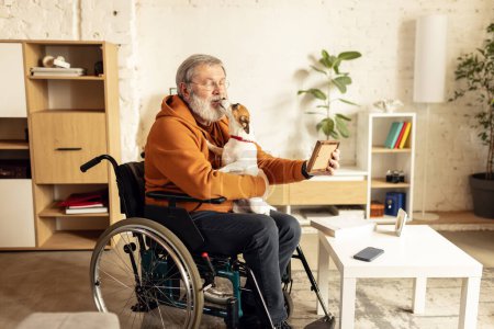 Téléchargez les photos : Homme âgé assis en fauteuil roulant à la maison dans un salon chaleureux et confortable et jouer avec le chien. Confort et bien-être. Concept de santé, mode de vie, bien-être, retraite, autonomisation - en image libre de droit