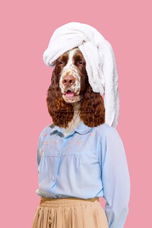Photo for Spa and wellness centers focusing on pets. Purebred dog with bath towel on head standing on pink background. Spa. Contemporary art. Concept of animal care, pet wellness, surrealism, grooming service - Royalty Free Image